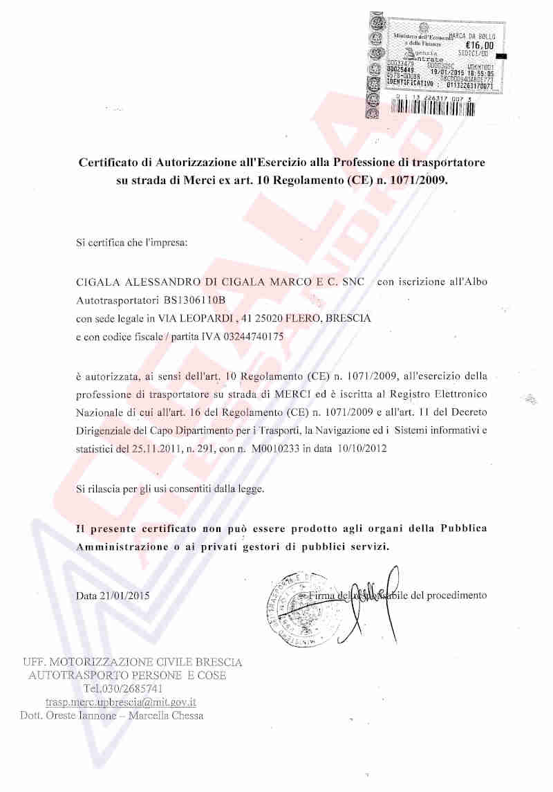 Autorizzazione al trasporto | Cigala Alessandro trasporti nazionali e internazionali