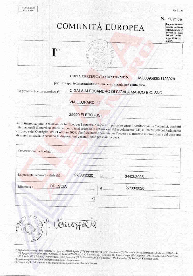 Licenza comunitaria Europea | Cigala Alessandro trasporti nazionali e internazionali