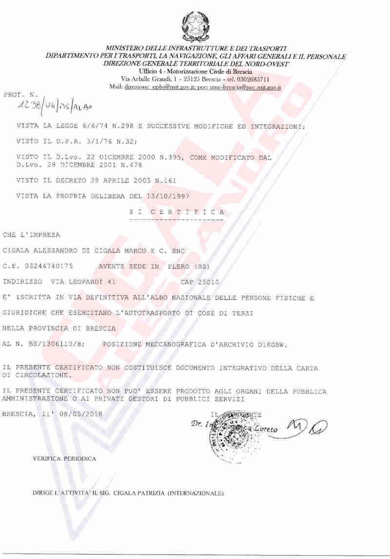 Iscrizione Albo Trasportatori | Cigala Alessandro trasporti nazionali e internazionali